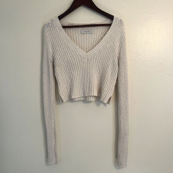 NUDE LUCY Jamie V Neck Knit Cotton Cropped Longsleeve Sweater, Milk- Small - Picture 1 of 6